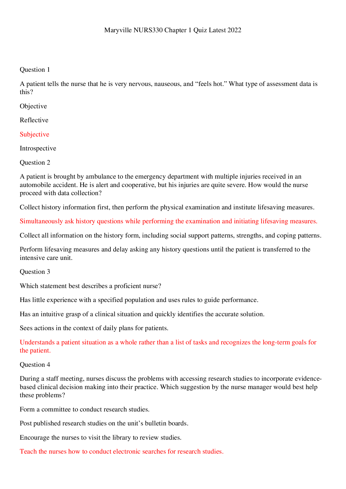 Preview image for Maryville NURS330 Chapter 1 Quiz Updated